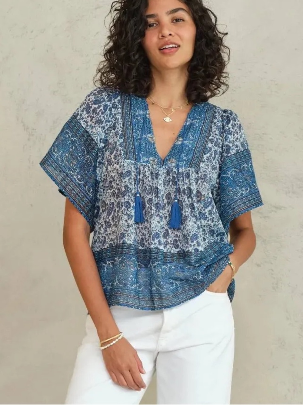 M.A.B.E. Esti Short Sleeve Top Blue Boho Tassel Blouse Cotton Womens Size Small